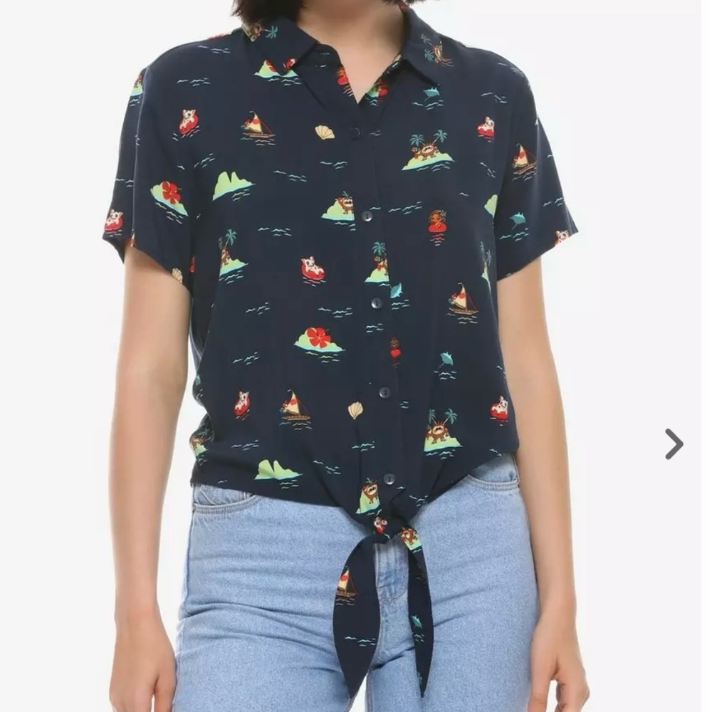 DISNEY Moana Graphic Print Tie-Front Woven Button Up Top Shirt Blouse Blue M